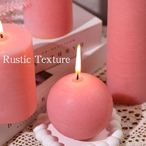 Pink Rustic Textured Pillar Candles Set - 4 Pcs Assorted Sizes Unscented Pillar Candle, Decorative Farmhouse Candles for Home Centerpiece Decor, Holiday Dinner Table, Dripless & Smokeless - color: Muted Pink