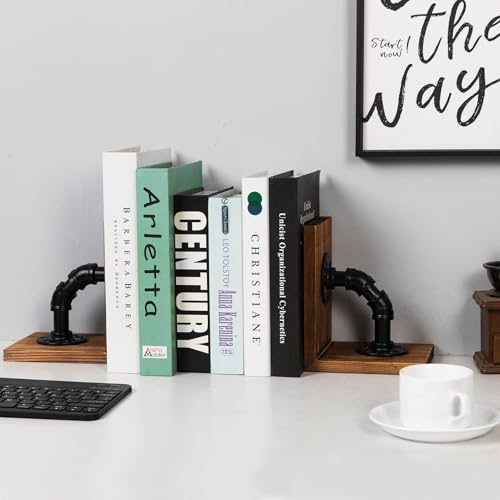Rustic Decorative Wooden Tabletop Farmhouse Bookends for Heavy Books with Modern Industrial-Style Pipe Office Desktop Bookshelf Organizers Stoppers Holder Nonskid Shelf Decor 1-Pair (Brown) - color: Brown