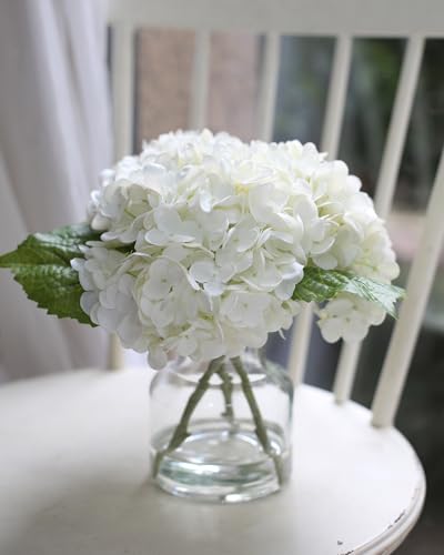 CHASMILE Real Touch Artificial Flowers Whith White Hydrangea in Vase for Home Decoration, Fake Flowers Centerpieces for Tables, Lifelike Fake Hydrangea in Vase for Bathroom, Office and Water Bar - color: White