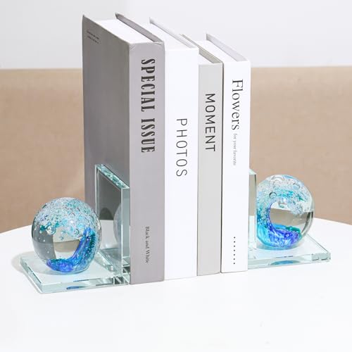 Arikyrist 1 Pair Crystal Bookends for Heavy Books with Hand Blown Ocean Waves Ball Glass Decorative Non Skid Bookends for Bookshelf Office Home (Dark Blue and Dark Green) - color: Dark Blue and Dark Green