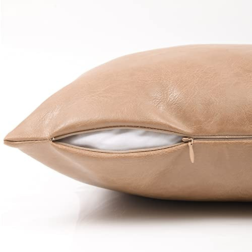 Fancy Homi 2 Packs Tan Decorative Throw Pillow Covers 16x16 Inch for Living Room Couch Bed, Modern Farmhouse Boho Home Decor, Faux Leather Hand Stitched Beige Accent Square Cushion Case 40x40 cm - color: Tan, size: 16" x 16" (Pack of 2)
