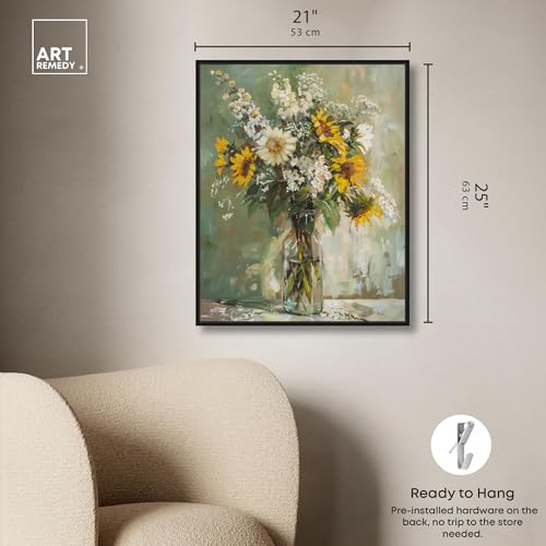 Art Remedy Sunflowers In A Glass Vase Canvas Vintage Farmhouse Wall Art, Black Frame, 20" x 24" - color: Black Frame, size: 25"L x 21"W