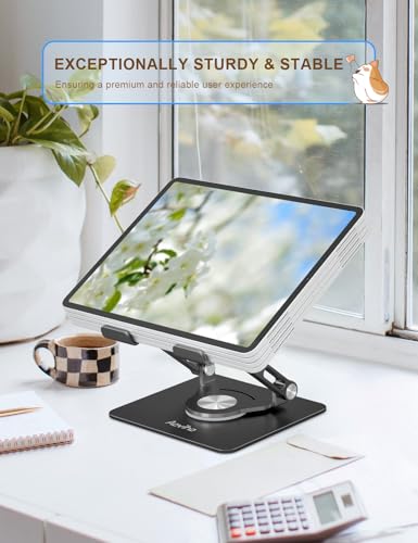 Aoviho Tablet Stand 360° Rotating Aluminum Holder, Adjustable, Portable and Foldable Monitors Stand for iPads, Compatible with 4-12.9" Tablets, Ink Black - color: Ink Black
