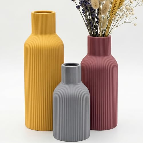 Ceramic Vase Set of 3, Modern Ribbed Boho Vases for Home Decor, Assorted Sizes Decorative Flower Vases for Pampas Grass, Dried Flowers,Shelf, Table Centerpiece - color: Mustard Yellow/Gray/Burgundy
