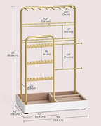 SONGMICS Jewelry Holder, Jewelry Organizer, Jewelry Display Stand with Metal Frame, Velvet Tray, Necklace Earring Bracelet Holder, for Studs, Rings, Gift Idea, Pale Gold UJJS021A01 - color: Pale Gold