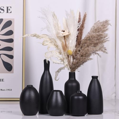 6 Pack Small Black Ceramic Bud Vases for Home Decor - Modern Boho Small Vases for Centerpieces in Bulk, Mini Flower Vases for Dry Flowers, Wedding, Table, and Party Decorations - color: Black Set