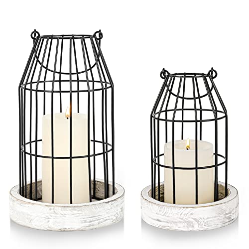 Rustic Wire Metal Cloche Set of 2 Candle Lantern Decorative Indoor Outdoor Vintage Cage Candle Holders Modern Farmhouse Decor for Fireplace Mantle Entryway Living Room Kitchen Dining Table Centerpiece - color: Black/White