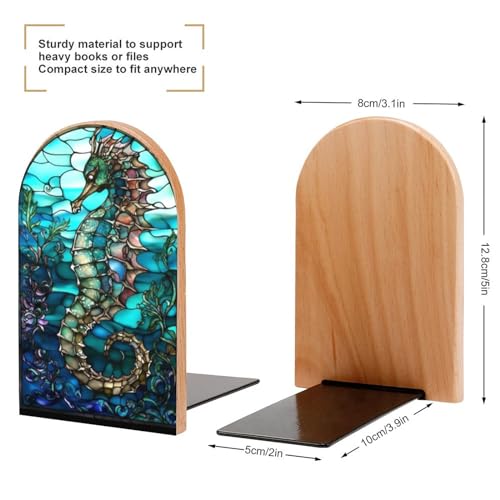 2 PCS Wood Book Ends,Seahorse Stained Glass Art Bookends for Shelves Non Skid Book Ends for Office Home Kitchen, Bookends for Holiding Books 5x3 Inch