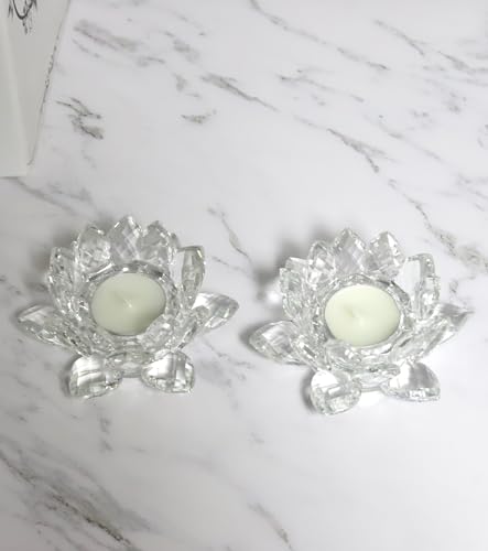 Crystal Lotus Flower Tealight Candle Holder Set of 2, Clear Glass Candlestick Holders, Pillar Votive Candle Holders for Table Centerpiece, Home Décor, Party, Wedding, Dinning