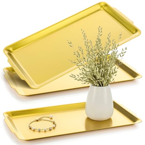 3 Pack Gold Stainless Steel Serving Platter, 14.2” Large Rectangle Metal Camping Plate Tray with Handles, Vanity Organizer Trays for Dining, BBQ, Buffet, Party, Appetizer Serving