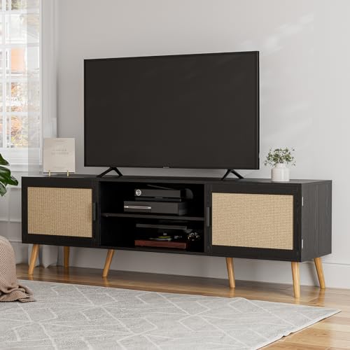 TV Stand for TVs up to 60 Inch, Modern Entertainment Center with Storage, Media Console Table with 2 Cabinets & Shelves, Wooden TV Stand for Living Room Bedroom, Black - color: Black