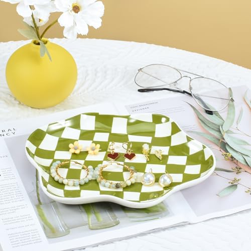 Koythin Jewelry Tray, Ceramic Jewelry Dish Trinket Tray Organizer, Checkered Pattern Aesthetic Decorative for Kitchen, Bathroom (Green Plaid) - color: Green Plaid