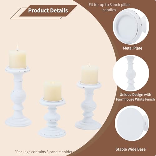 Wood Candle Holders for Pillar Candles, Set of 3 Vintage Rustic Tall Modern Farmhouse Decor, Decorative Wooden Candlestick Holder Stand for Fireplace Mantel, Table Centerpiece - White