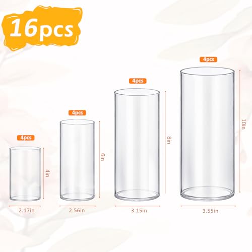 Homjoy Glass Cylinder Vase Sets 16 Pack Tall Clear Flower Vase Hurricane Floating Candle Holder for Table Centerpiece Wedding Home Décor(2.17 x 4IN + 2.56 x 6IN + 3.15 x 8IN + 3.55 x 10IN) - size: 16 Pack (4,6,8,10 Inch )