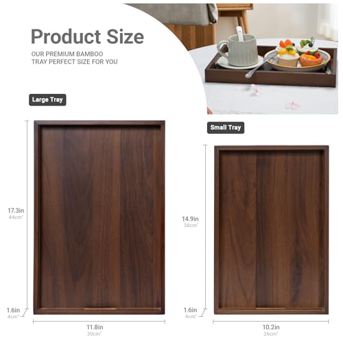 14.9''x10.2''x1.57'' Bamboo Wooden Tray with Handles, Rectangular Natural Solid Wood, Walnut Dark Brown Color Serving Tray.Suitable for Kitchen,Bedroom,Breakfast,Coffee,Decorative,Party Bars. - size: 14.9" x 10.2" x 1.6"