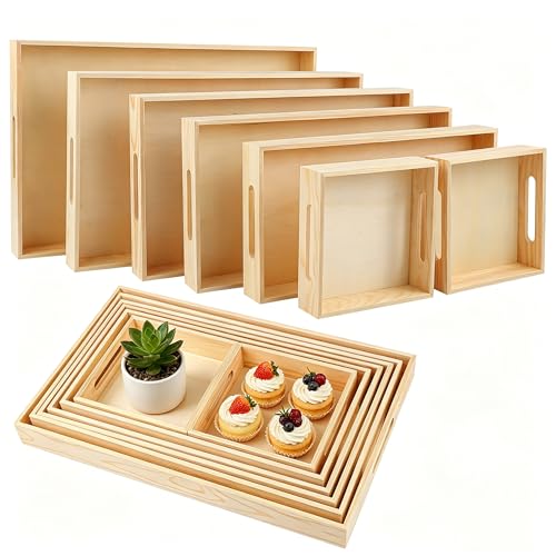 Aodaer 7 Pieces Wooden Trays, Wooden Nested Serving Trays, Rectangular Shape Serving Tray with Handles for Kitchen Party Dinner Snacks