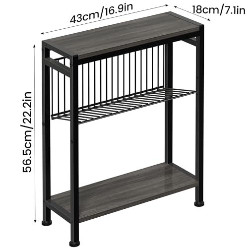 End Table Set of 2 for Small Space, 3-Tier Narrow Side Table with Magazine Holder,Slim Nightstand, Skinny Snack Couch Table in Living Room, Bedroom Study and Balcony (Grey) - color: Grey-2pcs