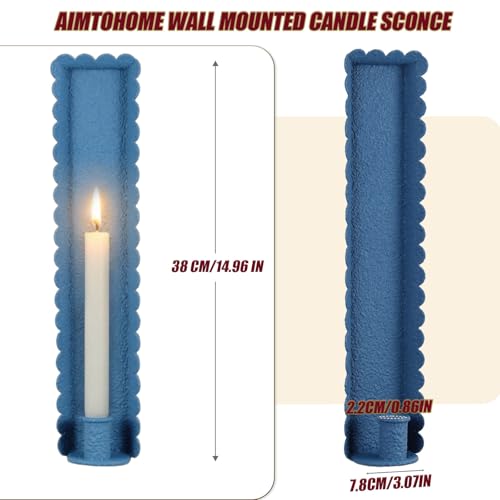 Blue Wall Candle Sconces Set of 2, Scalloped Edge Box-Shaped Cast Iron Farmhouse Church Holders for Taper Candles, Wall Mounted Rustic Candle Sconce for Living Room, Dining Room Decor - color: B-blue