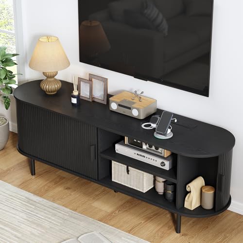 63" TV Stand with Power Outlet, Modern Media Console with Sliding Doors, Entertainment Center for TVs up to 60 Inch, Adjustable Shelves, Black - color: Black, size: 63 Inch