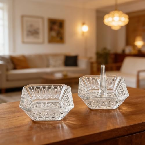 Clear Crystal Ring Holder Set of 2 Glass Jewelry Ring Dish Tray Gifts for Women on Engagement Wedding Party Mother's Day - color: clear-square