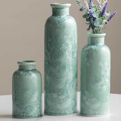 Modern Ceramic Vase Set of 3, Green Crystalline Glaze Colors, Decorative Bottles for Home, Farmhouse Rustic Decor Housewarming Gifts, Wedding Gifts, Birthday Gifts for Women(Crystalline Glaze Green) - color: Crystalline Glaze Green