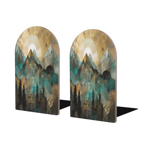 Mountains Sun Tree L-Shaped Book Ends 1 Pair Wood Bookends Landscape Book End Supports for Heavy Book Shelf Holder Home Decorative - color: Mountains Sun Tree