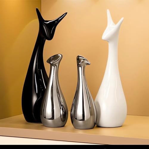 Ceramic Statue,Deer Family Figurines Porcelain(Set of 4),Creative Ceramic Decorative,Crafts Ornaments Home Decor,Memorial Gift for Parents,Suitable for Shelf,Bookself（Black White Silver Deer） - color: Black White Silver Deer