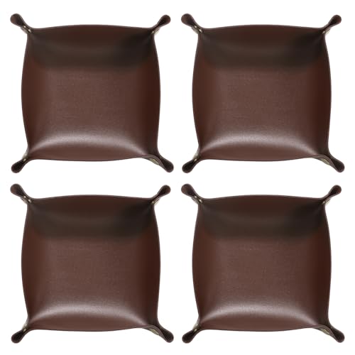 HARFINGTON 4pcs PU Leather Valet Tray Unisex Folding Small Catchall Tray Portable Entryway Table Tray Nightstand Bedside Desk Tray for Key Wallet Watch Coin Jewelry Dice, Dark Brown - color: Dark Brown
