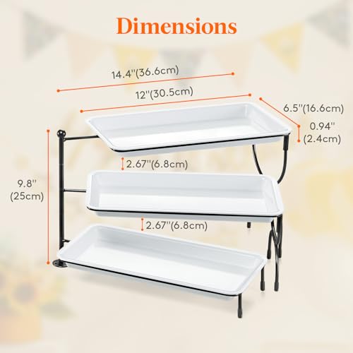 Lifewit 3 Tier Serving Tray, 30 x 17 cm/12 x 6.5" White Plastic Tiered Food Serving Platters, Rotating Tiered Tray Stand for Party with Black Collapsible Metal Stand, Dessert Table Stands for Cookies - size: 12" x 6.5", style: Rotatable