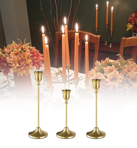 Elegant Metal Taper Candle Holders, Set of 3, Gold Finish, Different Heights. Modern Decorative Centerpiece for Table, Mantel, Wedding, Housewarming Gift, Holiday and Special Occasions