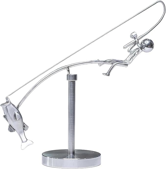 The Fisherman Balancing Sculpture, Kinetic Fishing Sculpture - Balance Art for Your Space, Metal Fisherman Statue Home Office Desktop Ornament, Gift for Fishing Lovers