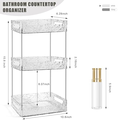 3-Tier Bathroom Counter Organizer Countertop Storage, Dresser Organizer Vanity Tray for Makeup, Perfume Organizer Cosmetics Skincare Shelf - Clear - color: Clear White, size: 11" x 6.3" x 15.8"