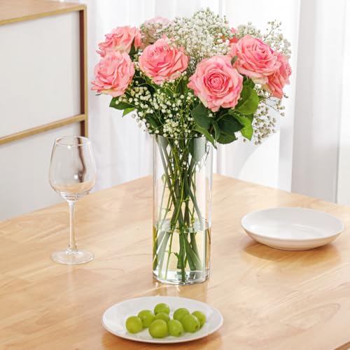 3 Clear Acrylic Cylinder Vase for Centerpieces, Tall Cylinder Plastic Hurricane Vases, Large Unbreakable Flower Vases for Wedding Bouquet (D 4.8" X H 8" + H 10" + H 12" Set of 3 + 2 Holder) - color: 3 Clear - L