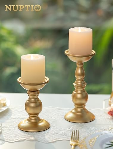2 Pcs Gold Pillar Candle Holders, Gold Candlestick Most Ideal for 3" Pillar Candles, Gifts for Wedding, Party, Home, Spa, Reiki, Votive Candle (S + L) - color: Gold, size: S + L