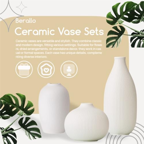 White Ceramic Vase Set of 3 - Small Modern Minimalist Ceramic Bud Vases for Home Decor - Boho Aesthetic Flower Vases for Desk, Shelf & Table, Mantle, Bookshelf (Cute & Versatile) (White) - color: White