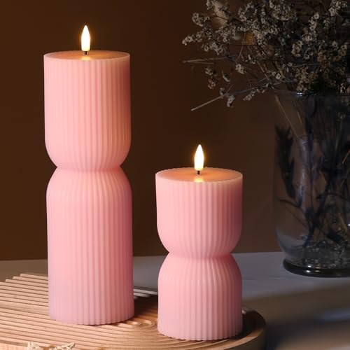 Pink Ribbed Flameless Pillar Candles with Remote, Flickering LED Candles Battery Operated Real Wax Set of 2 - color: Pink