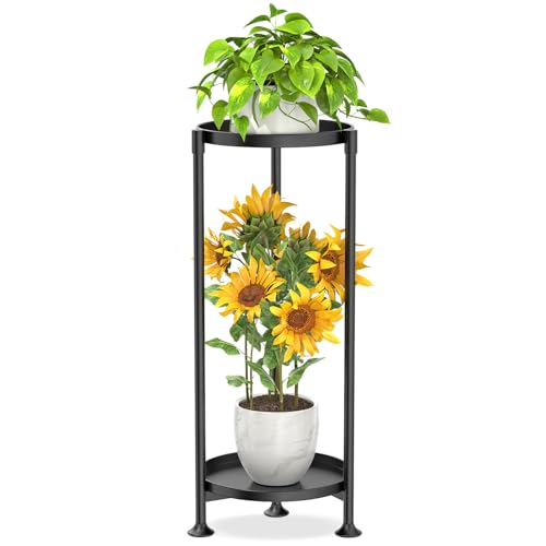 KMOTASUO 2 Tier Plant Stand Indoor for Large Tall Heavy Duty Planter, Multiple Sturdy Metal Flower Corner Rack for Narrow House Floor, Iron Vertical Level Round Orchi Holder Organizer, Black - color: Black, size: 2 Tier