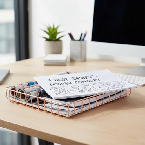 Rose Gold File Organizer for Desk Letter Size Desk Paper Organizer Trays Large Capacity Metal File Organizer Paper Tray Wire Basket Bins for Office Desktop,12.5" x 9.4" x 1.9" - color: Rose Gold