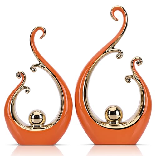 LCCCK Glossy Orange and Gold Decor Ceramic Statue, Modern Abstract Sculpture Art for Luxury Centerpiece - Shelves Bookshelf&Dining Table Decorations, Entryway Coffee Table Tv Stand Home Decor - color: Orange Gold