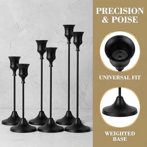 Black Taper Candle Holders 2 Sets(6 Pcs) - Tall Metal Candlestick Holders for Table Centerpiece, Formal Dinner, Wedding, Fireplace Mantel Decor, Fits 3/4 Inch Thick Candles - color: Black