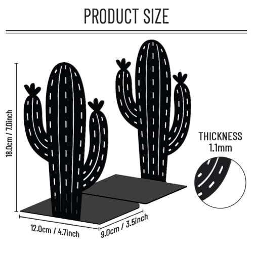 WADORN Cactus Metal Bookends for Shelves Decorative 1 Pair, Cactus Plant Heavy Duty Books End Support Non-Skid Book Holder Black L-Shaped Book Stopper for Home Office Desk Book Divider, 4.7x3.5x7 Inch - color: Cactus