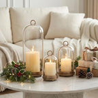 15"&9"&7" Hurricane Glass Candle Holders Set of 3, Metal Candle Holder with Handmade Glass Dome in Brass, Hanging Versatile Hurricane Glass Candle Holders for Pillar Candles (Candles Not Including)