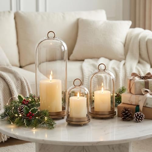 15"&9"&7" Hurricane Glass Candle Holders Set of 3, Metal Candle Holder with Handmade Glass Dome in Brass, Hanging Versatile Hurricane Glass Candle Holders for Pillar Candles (Candles Not Including)