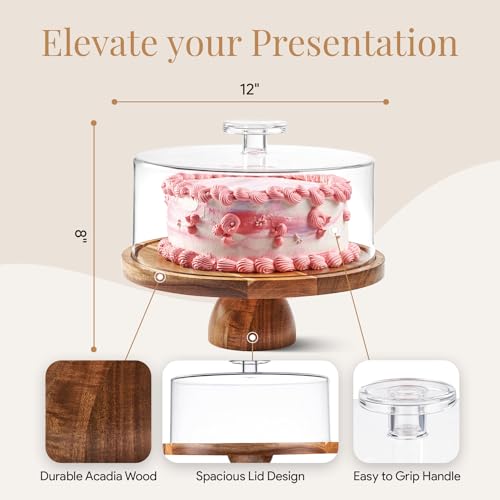 HOMESPHERE Acacia Wood Cake Stand with Lid - Multifunctional 12 In Round Cake Holder, Dessert Table Display Set & Charcuterie Board for Cheese, Chips, Fruit Platter, Acrylic Cake Dome Cover, No Glass - color: Modern Dome