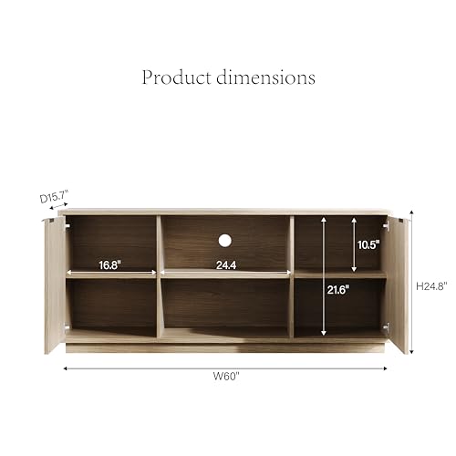 60'' Fluted TV Stand, Console Table, Mid Century Modern Curved TV Stands with Water Wave Shaped Door, Entertainment Center with Metal Handle, Living Room (Cream Yellow Wood Grain)