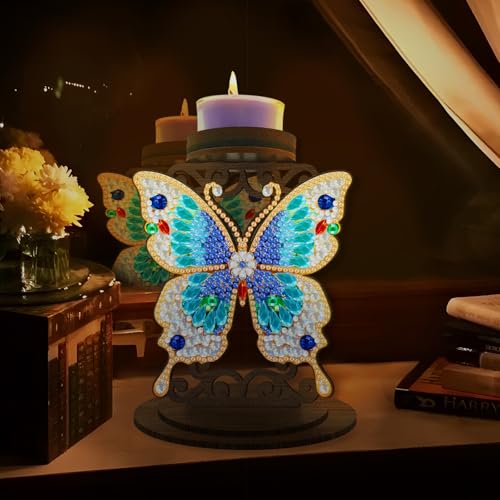 BAYUNOE DIY Candlestick Holders Wooden Desktop Diamond Art Painting Candle Holder Double-Sided Diamond Vintage Modern Decorative for Table Mantel Wedding Dinning Party-Blue Butterfly01 - color: Blue Butterfly01
