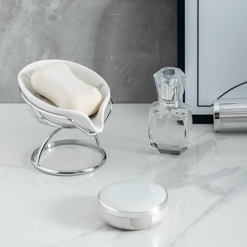 Dobbyby Leaf-Shaped Soap Dish – Premium Ceramic Soap Bar Holder with Self-Drainage System – Bar Soap Holder for Shower, Bathroom Sink, Kitchen – Waterfall Soap Dish with Stainless Steel Stand (SLIVER) - color: Sliver