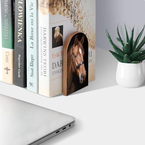 Smart Brown Horse Book Ends Decorative Wood Bookends for Shelves Kids Room Desk Home Office Book Stoppers for Magazines,Books, DVDs, 1 Pair/2 Pieces(5x3.1 in) - color: Smart Brown Horse
