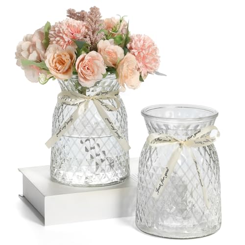 SOJOCK 2PACK Glass Flower Vases(Flowers NOT Included),6.3" High Diamond Pattern Vases,Vintage Vases for Centrepieces,Wedding Decorations,Home Table Flower Decorations