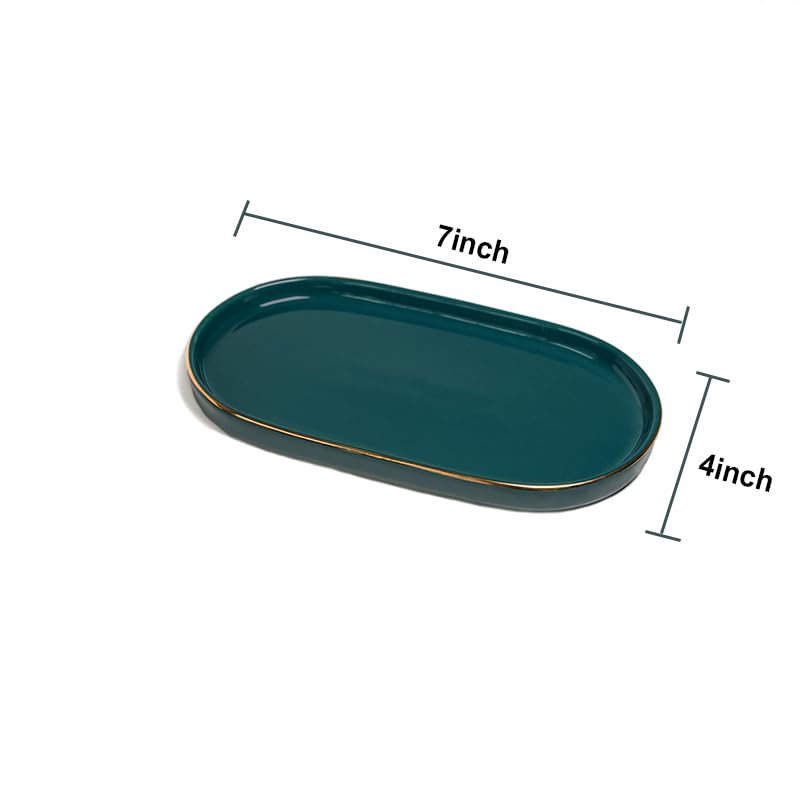 Ceramic Jewelry Dish, Perfume Vanity Tray, 7x4 Decorative Catch All Bowl for Trinket Key Ring, Small Bathroom Counter Tray, Soap Tray for Kitchen Sink (Green) - color: Green